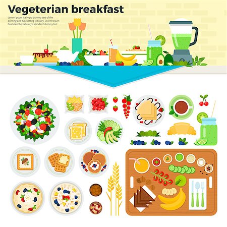 simsearch:400-08977333,k - Vegetarian breakfast vector flat illustrations. Vegetarian breakfast on the table with tablecloth. Healthy eating concept. Salad, vegetables, fruits and cakes isolated on white background Stock Photo - Budget Royalty-Free & Subscription, Code: 400-08936870