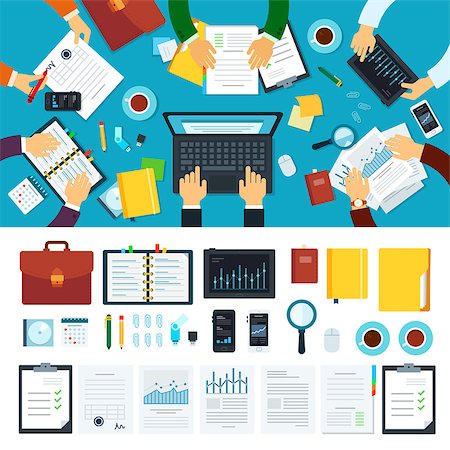 simsearch:400-08291595,k - Business teamwork vector flat illustrations. Business team working over the new project. Cabinet interior with working tools. Case, books, papers, coffee, graphs isolated on white background Photographie de stock - Aubaine LD & Abonnement, Code: 400-08936872