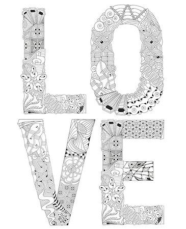 simsearch:400-08937222,k - Hand-painted art design. Adult anti-stress coloring page. Black and white hand drawn illustration word love for coloring book Foto de stock - Royalty-Free Super Valor e Assinatura, Número: 400-08937016