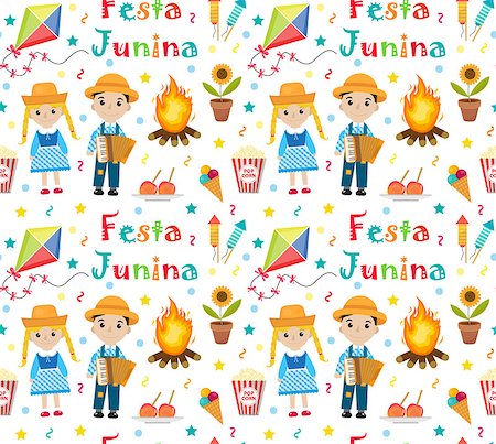 simsearch:400-08938690,k - Festa Junina seamless pattern. Brazilian Latin American festival endless background. Repeating texture with traditional symbols. Vector illustration Stock Photo - Budget Royalty-Free & Subscription, Code: 400-08937049