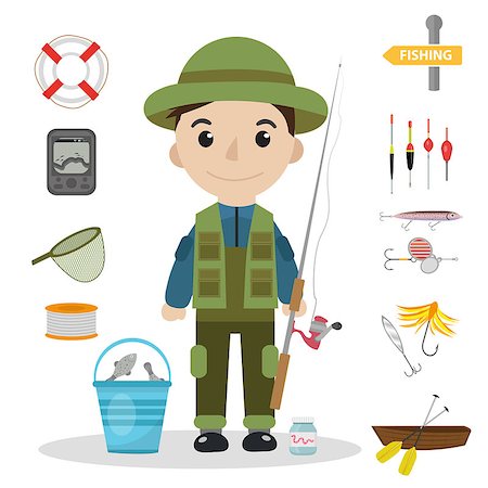 fisherman cartoon - Fishing icon set, flat, cartoon style. Fishery collection objects, design elements, isolated on white background. Fisherman s tools with a fishing rod, tackle, bait, boat. Vector ilustration, clip-art Stock Photo - Budget Royalty-Free & Subscription, Code: 400-08937099