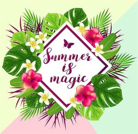 simsearch:400-09048464,k - Summer abstract background with red tropical flowers and green leaves. Summer is magic lettering. Stockbilder - Microstock & Abonnement, Bildnummer: 400-08937164