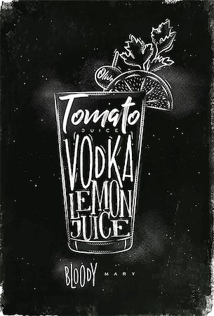 party beverage sketches - Bloody mary cocktail lettering tomato, vodka, lemon juice, olive in vintage graphic style drawing with chalk on chalkboard background Stock Photo - Budget Royalty-Free & Subscription, Code: 400-08937317