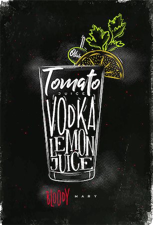 party beverage sketches - Bloody mary cocktail lettering tomato, vodka, lemon juice, olive in vintage graphic style drawing with chalk and color on chalkboard background Stock Photo - Budget Royalty-Free & Subscription, Code: 400-08937318