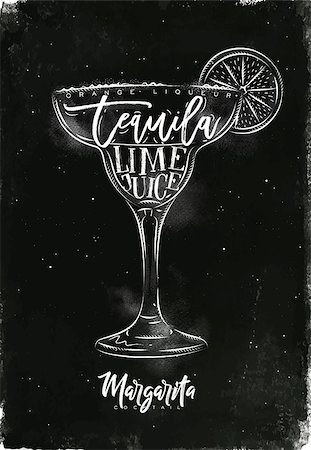 Margarita cocktail lettering orange liqueur, tequila, lime juice in vintage graphic style drawing with chalk on chalkboard background Photographie de stock - Aubaine LD & Abonnement, Code: 400-08937335