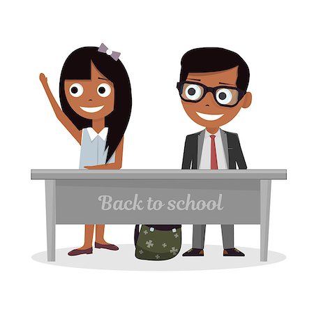 Schoolgirl and schoolboy sitting at Desk and raise my hand in class. Illustration on white background. Stock Photo - Budget Royalty-Free & Subscription, Code: 400-08937370