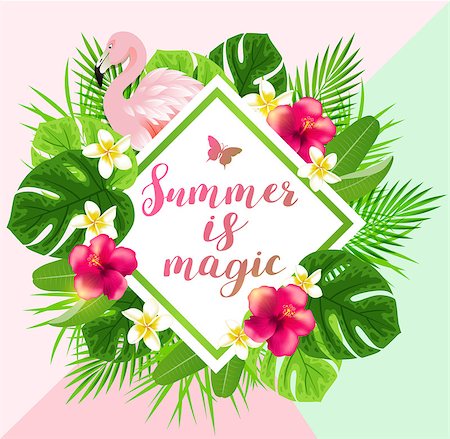 simsearch:400-09048464,k - Summer background with red tropical flowers, green palm leaves and pink flamingo. Summer is magic lettering. Stockbilder - Microstock & Abonnement, Bildnummer: 400-08937434