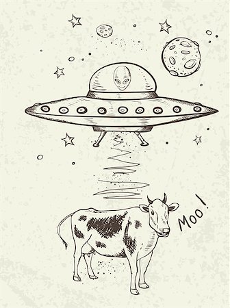 Fantastic doodle background with UFO abducts a cow. Hand drawn vector illustration. Stock Photo - Budget Royalty-Free & Subscription, Code: 400-08937439