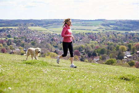 Mature Woman With Golden Retriever Jogging In Countryside Stock Photo - Budget Royalty-Free & Subscription, Code: 400-08938244