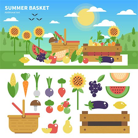 simsearch:6102-08000569,k - Geometric illustartion of the basket with vitamins. Fruits and vegetables on the lawn in a sunny day. Fruits and vegetables icons isolated on white background Photographie de stock - Aubaine LD & Abonnement, Code: 400-08938505