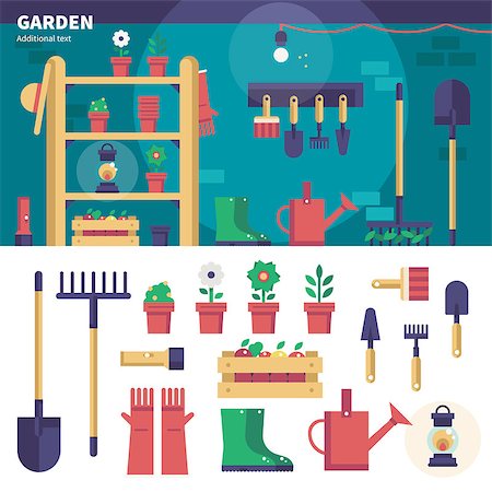 simsearch:400-07289214,k - Geometric illustartion of gardening equipment. Household tools for gardening in the shed, watering-can, plants, gloves, shovel and pots isolated on white background Foto de stock - Super Valor sin royalties y Suscripción, Código: 400-08938500