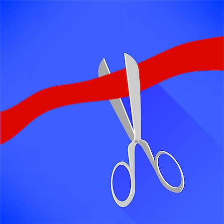 simsearch:400-09173301,k - Scissors Cutting Red Ribbon on Blue Background. Long Shadow. Stockbilder - Microstock & Abonnement, Bildnummer: 400-08938573