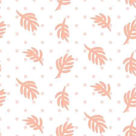 simsearch:400-04393429,k - Pink palm leaves on polka dot white seamless vector pattern. Girlish tender pastel color texture for textile, apparel and wallpaper. Stockbilder - Microstock & Abonnement, Bildnummer: 400-08938604