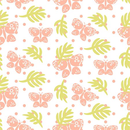 simsearch:400-04393429,k - Pink palm leaves and butterflies seamless vector pattern. Girlish tender pastel color dotted texture for textile, apparel and wallpaper. Stockbilder - Microstock & Abonnement, Bildnummer: 400-08938605