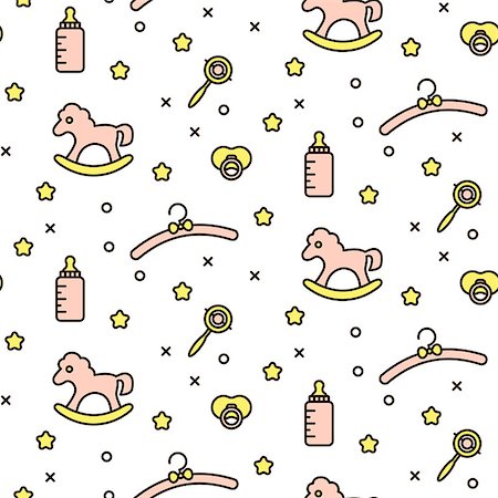 pacifier icon - Baby cute toddler line icon vector pattern. Soft pink racks, rocking horse, stars and baby bottle seamless dotted background for fabric or website. Stock Photo - Budget Royalty-Free & Subscription, Code: 400-08938615