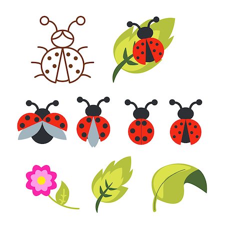simsearch:400-08046771,k - Ladybug clipart set with green leaves and outline bug with wings. Stock Photo - Budget Royalty-Free & Subscription, Code: 400-08938622