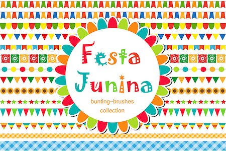 simsearch:400-08938690,k - Festa Junina patterned set of brushes, bunting, flags. Festive decorations, border isolated on white background. Vector illustration Stock Photo - Budget Royalty-Free & Subscription, Code: 400-08938684