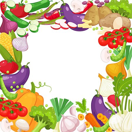 simsearch:400-04116893,k - Vector frame of fresh vegetables for your design. Raw vegetables with sliced pepper,eggplant,garlic,mushroom,courgette,tomato onion,cucumber,pumpkin cartoon style illustration Foto de stock - Royalty-Free Super Valor e Assinatura, Número: 400-08938759