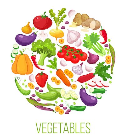 Banner round composition with colorful vegetables for farmers market menu design. Healthy food concept. Cartoon style vector illustration. Stock Photo - Budget Royalty-Free & Subscription, Code: 400-08938764