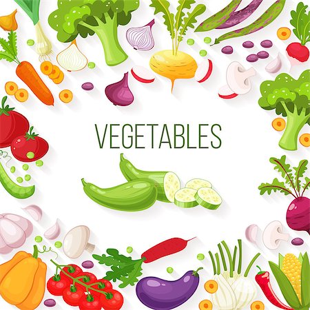 simsearch:400-06855965,k - Vector frame of fresh vegetables for your design. Raw vegetables with sliced pepper,eggplant,garlic,mushroom,courgette,tomato onion,cucumber,pumpkin cartoon style illustration Stockbilder - Microstock & Abonnement, Bildnummer: 400-08938761