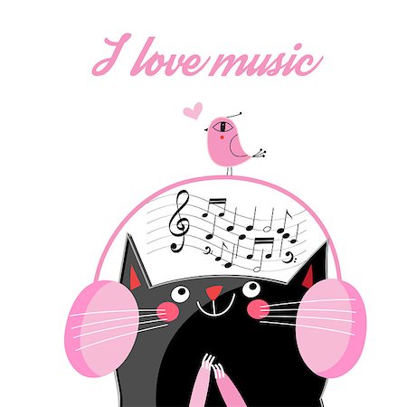 drawn baby - Vector funny cat in headphones listening to music on a white background Stock Photo - Budget Royalty-Free & Subscription, Code: 400-08938801