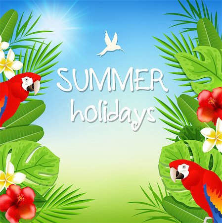 simsearch:400-09048464,k - Summer background with tropical flowers, green palm leaves and red parrots. Summer holidays lettering. Stockbilder - Microstock & Abonnement, Bildnummer: 400-08938995