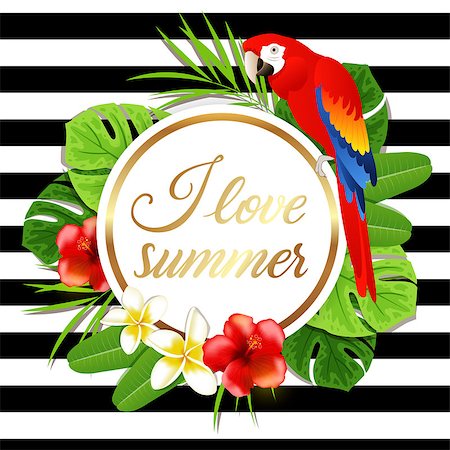 simsearch:400-09048464,k - Summer round tropical background with green palm leaves, flowers and red parrot. I love summer lettering. Stockbilder - Microstock & Abonnement, Bildnummer: 400-08939000