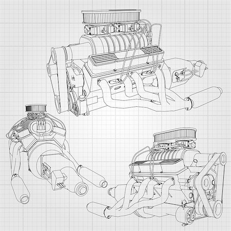 simsearch:622-02355491,k - A set of several types of powerful car engine. The engine is drawn with black lines on a white sheet in a cage. Stock Photo - Budget Royalty-Free & Subscription, Code: 400-08939077