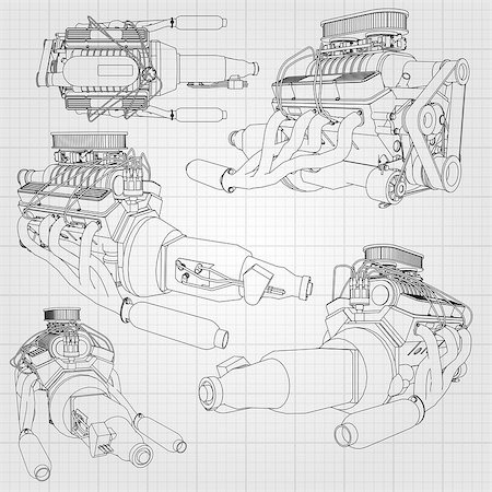 power grid vector - A set of several types of powerful car engine. The engine is drawn with black lines on a white sheet in a cage. Stock Photo - Budget Royalty-Free & Subscription, Code: 400-08939078