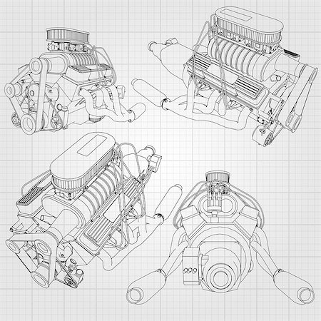 power grid vector - A set of several types of powerful car engine. The engine is drawn with black lines on a white sheet in a cage. Stock Photo - Budget Royalty-Free & Subscription, Code: 400-08939079