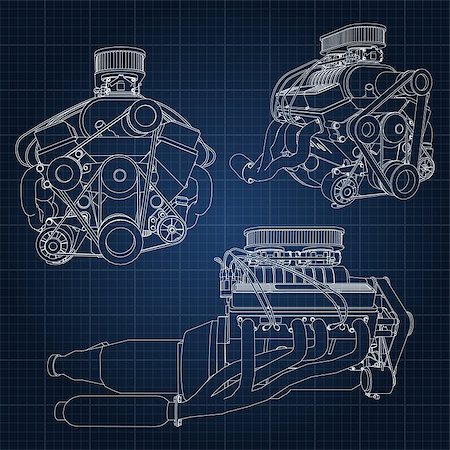 simsearch:622-02355491,k - A set of several types of powerful car engine. The engine is drawn with white lines on a dark blue sheet in a cage. Stock Photo - Budget Royalty-Free & Subscription, Code: 400-08939084