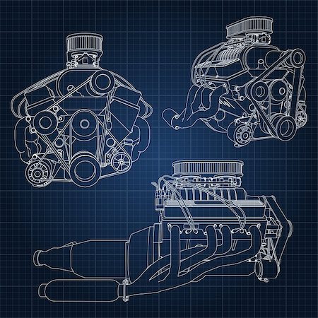 exhaust pipe - A set of several types of powerful car engine. The engine is drawn with white lines on a dark blue sheet in a cage. Stock Photo - Budget Royalty-Free & Subscription, Code: 400-08939084