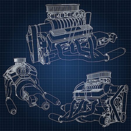 power grid vector - A set of several types of powerful car engine. The engine is drawn with white lines on a dark blue sheet in a cage. Stock Photo - Budget Royalty-Free & Subscription, Code: 400-08939087