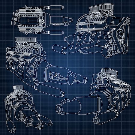 simsearch:622-02355491,k - A set of several types of powerful car engine. The engine is drawn with white lines on a dark blue sheet in a cage. Stock Photo - Budget Royalty-Free & Subscription, Code: 400-08939088