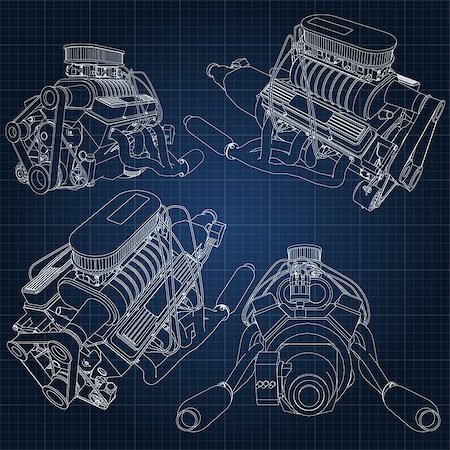 simsearch:622-02355491,k - A set of several types of powerful car engine. The engine is drawn with white lines on a dark blue sheet in a cage. Stock Photo - Budget Royalty-Free & Subscription, Code: 400-08939089