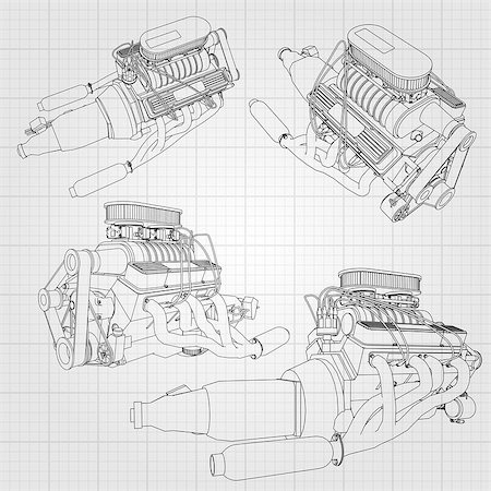 power grid vector - A set of several types of powerful car engine. The engine is drawn with black lines on a white sheet in a cage. Stock Photo - Budget Royalty-Free & Subscription, Code: 400-08939080