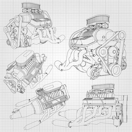 simsearch:622-02355491,k - A set of several types of powerful car engine. The engine is drawn with black lines on a white sheet in a cage. Stock Photo - Budget Royalty-Free & Subscription, Code: 400-08939082