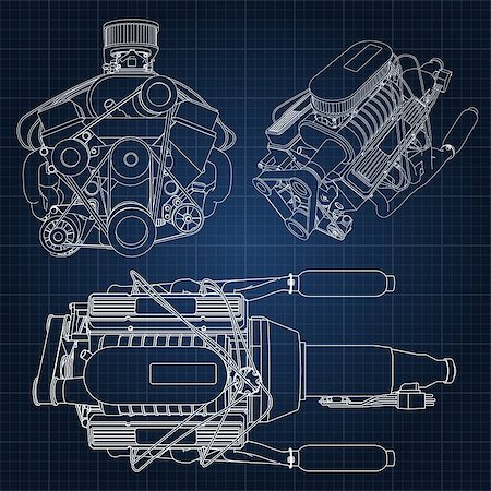 simsearch:622-02355491,k - A set of several types of powerful car engine. The engine is drawn with white lines on a dark blue sheet in a cage. Stock Photo - Budget Royalty-Free & Subscription, Code: 400-08939083