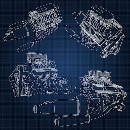 simsearch:622-02355491,k - A set of several types of powerful car engine. The engine is drawn with white lines on a dark blue sheet in a cage. Stock Photo - Budget Royalty-Free & Subscription, Code: 400-08939090