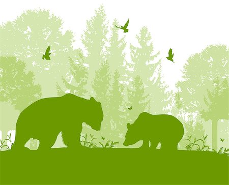 simsearch:400-04156281,k - Green nature landscape with two bears, tree and birds. Foto de stock - Super Valor sin royalties y Suscripción, Código: 400-08939516