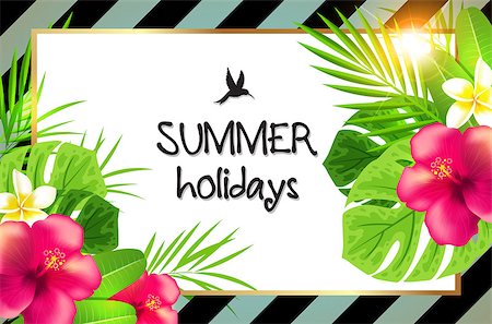 simsearch:400-09048464,k - Summer tropical background with green palm leaves and red flowers. Summer holiday lettering. Retro striped background. Stockbilder - Microstock & Abonnement, Bildnummer: 400-08939528