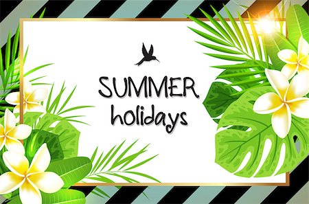 simsearch:400-09048464,k - Summer background with green palm leaves and tropical flowers. Summer holiday lettering. Retro striped background. Stockbilder - Microstock & Abonnement, Bildnummer: 400-08939529