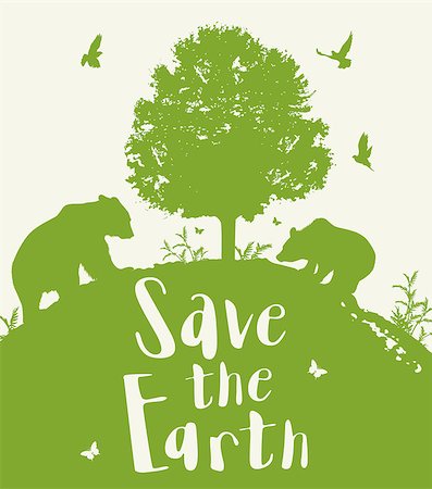 simsearch:400-04156281,k - Green nature background with two bears, tree and birds. Ecology concept. Save the Earth lettering. Foto de stock - Super Valor sin royalties y Suscripción, Código: 400-08939520