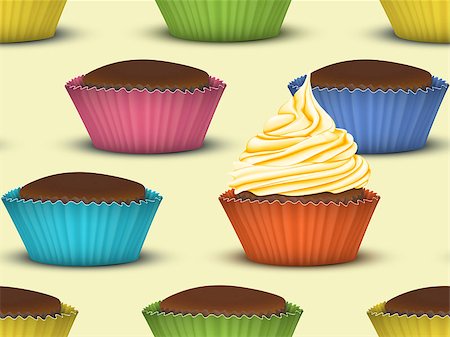 pavelav (artist) - Seamless pattern on a yellow background in the form of a huge amount of delicious cupcakes with cream and without it in multi-colored molds Foto de stock - Super Valor sin royalties y Suscripción, Código: 400-08930024