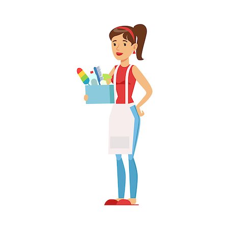Woman Housewife Holding Box Of Domestic Chemistry And Inventory, Classic Household Duty Of Staying-at-home Wife Illustration. Smiling Female Character And Her Domestic Affairs Vector Drawing. Stock Photo - Budget Royalty-Free & Subscription, Code: 400-08930069