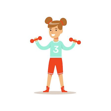 Girl Doing Exercises With Dumbbells, Kid Practicing Different Sports And Physical Activities In Physical Education Class. Athletic Teenager Happy To Do Sportive Training Cartoon Vector Illustration. Stock Photo - Budget Royalty-Free & Subscription, Code: 400-08930063