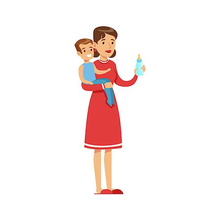 Woman Housewife Holding A Young Kid In Arms Preparing Him A Bottle, Classic Household Duty Of Staying-at-home Wife Illustration. Smiling Female Character And Her Domestic Affairs Vector Drawing. Foto de stock - Super Valor sin royalties y Suscripción, Código: 400-08930078