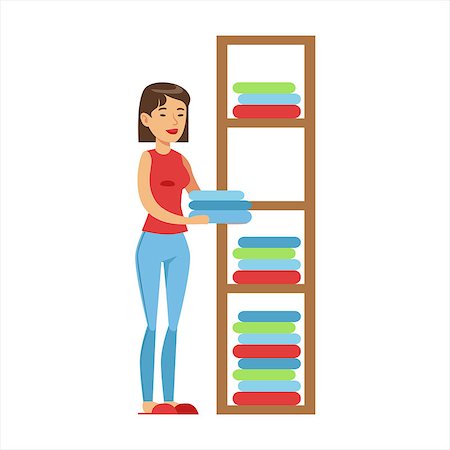Woman Housewife Ranging Clean Clothes On Shelves, Classic Household Duty Of Staying-at-home Wife Illustration. Smiling Female Character And Her Domestic Affairs Vector Drawing. Stock Photo - Budget Royalty-Free & Subscription, Code: 400-08930071