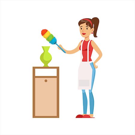 Woman Housewife Wiping The Dust Of Vase WIth Brush, Classic Household Duty Of Staying-at-home Wife Illustration. Smiling Female Character And Her Domestic Affairs Vector Drawing. Stock Photo - Budget Royalty-Free & Subscription, Code: 400-08930073