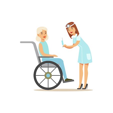 Nurse Preparing Injection For Old Lady In Wheelchair, Hospital And Healthcare Illustration. Scene In Public Medical Institution Flat Vector Illustration With Cartoon Characters. Stock Photo - Budget Royalty-Free & Subscription, Code: 400-08930086